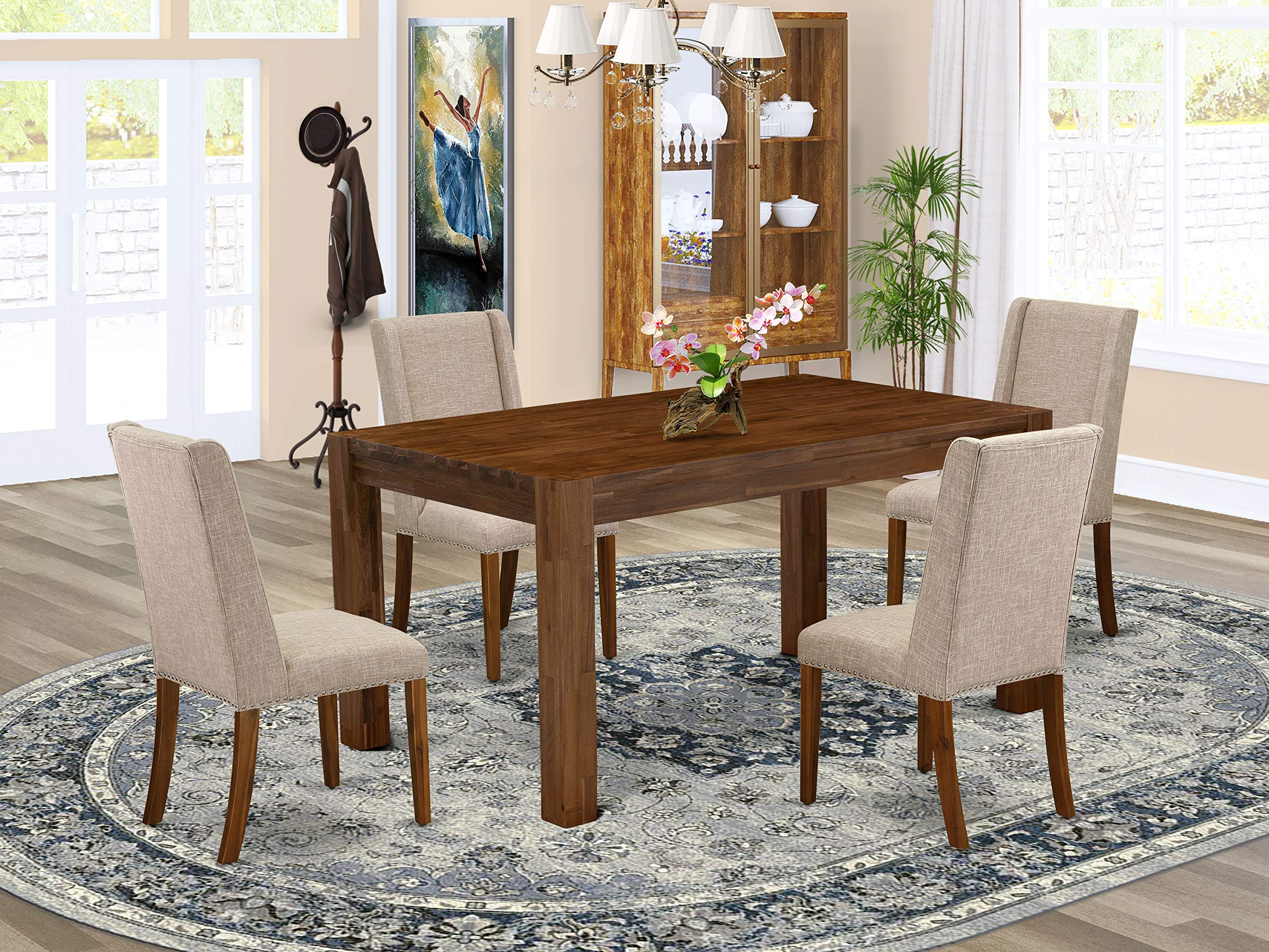 East West Furniture Celina 5 Piece Set Includes A Rectangle Rustic Wood Dining Room Table And 4 Light Tan Linen Fabric Upholstered Parson Chairs, 36X60 Inch, Natural
